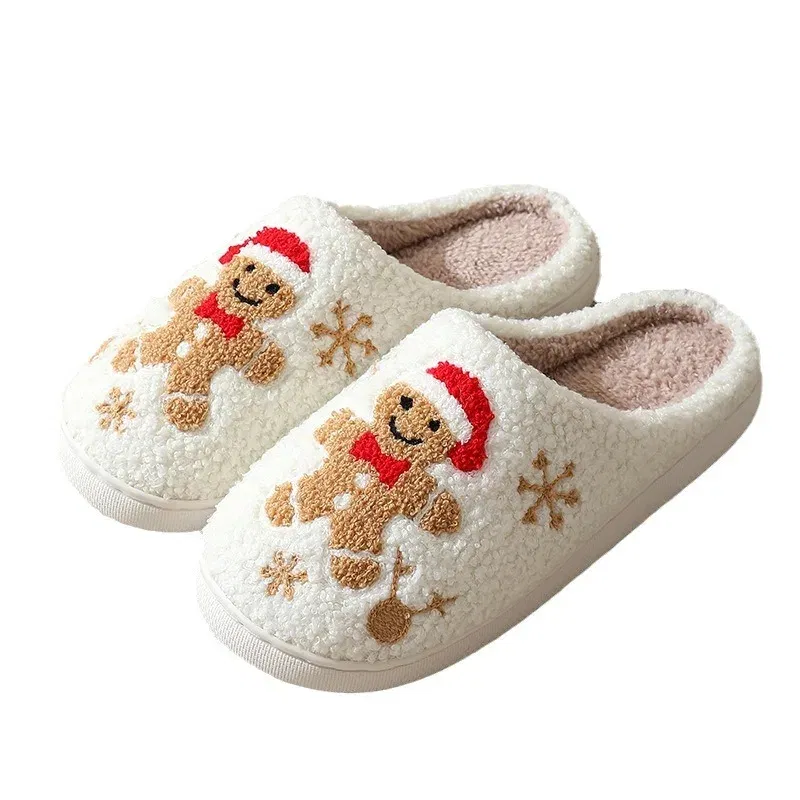 Shoe Size: 38-39, Color: Beige - Cute Gingerbread Winter Warm Christmas Women Slippers  Slides Couple Houseshoes Men Bedroom Flat Soft Sole Home Shoes for Gift