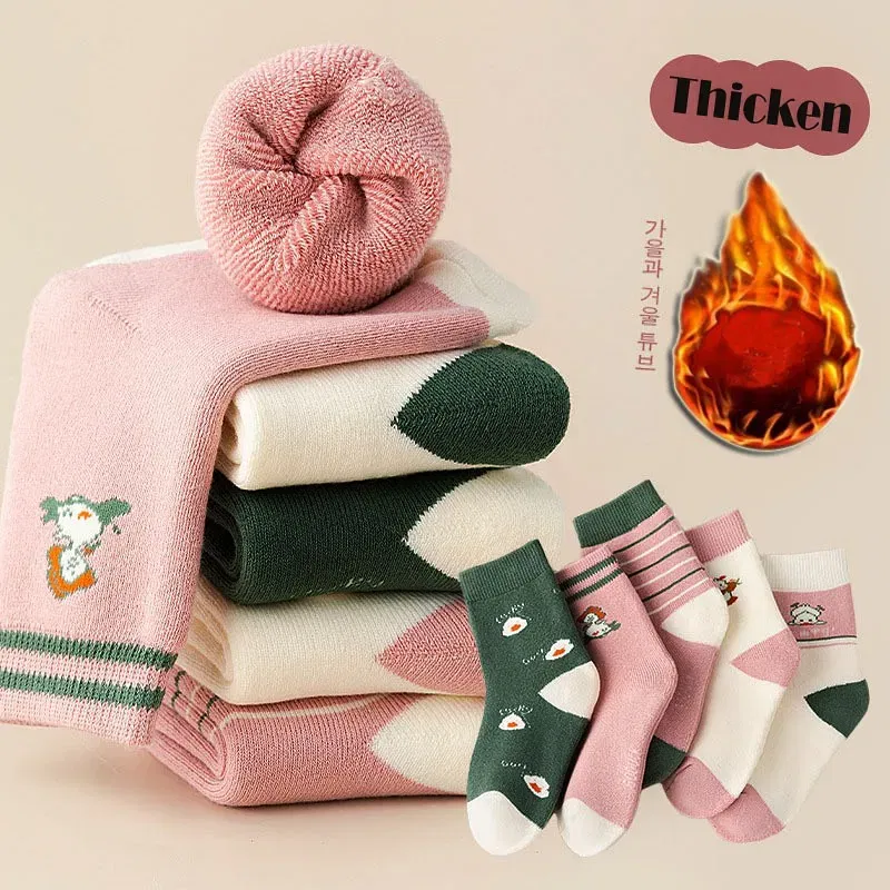 Color: black, Size: 4-6T - Girls' Winter Socks 5 Pairs Baby Warm Winter Socks Cute Cartoon Duck Pattern Medium Sock Thick Cotton Socks