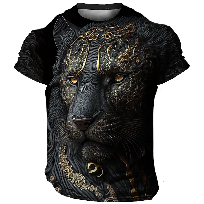 Size: XL, Color: Gold - Daily Oversized Men's T-Shirt 3D Lion Print Tees Tops Summer Casual Animal Pattern Streetwear New Fashion Street Men Clothing