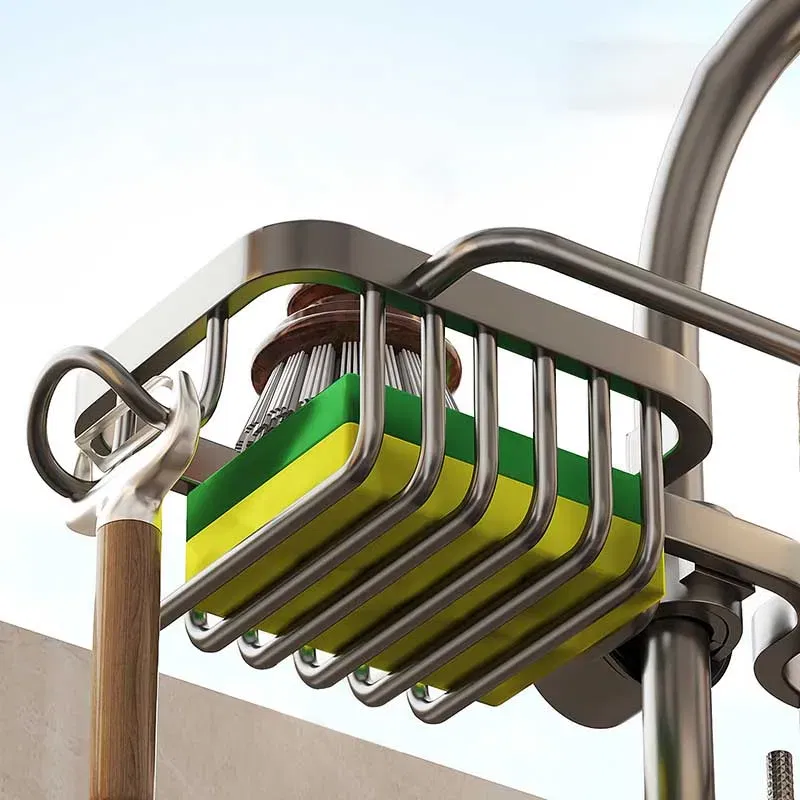 Color: Dark Khaki - New Rust-proof Kithen Faucet Drainer Rack Sponge Towel Holder Shelf Bathroom Soap Organizer Stand Sink Accessories Storage Stand