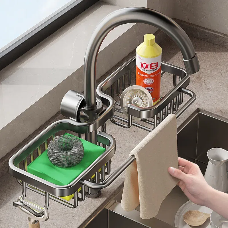 Color: Dark Khaki - New Rust-proof Kithen Faucet Drainer Rack Sponge Towel Holder Shelf Bathroom Soap Organizer Stand Sink Accessories Storage Stand