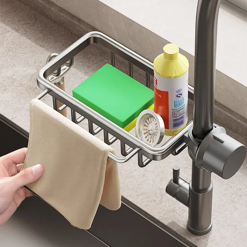 Color: Dark Khaki - New Rust-proof Kithen Faucet Drainer Rack Sponge Towel Holder Shelf Bathroom Soap Organizer Stand Sink Accessories Storage Stand