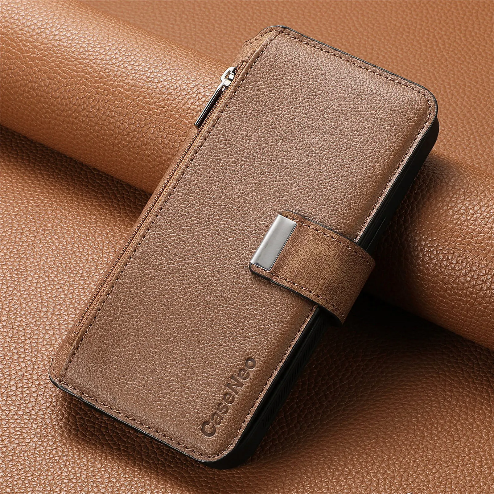 Color: black, Material: aluminum - With Magsafe Wallet Case For Xiaomi Poco X6 X5 X3 M6 M5S M4 M3 F6 F5 Pro F3 C31 Zipper Leather Multi 6 Card Slot Removable Cover