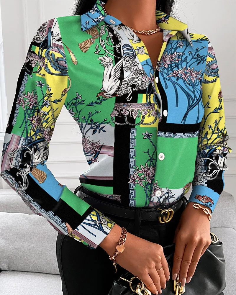 Color: green, Size: XXL - Women Fashion Wild Shirts Chain/Floral/Letter/Geometric Square Print Turn-Down Collar Long Sleeve Blouses