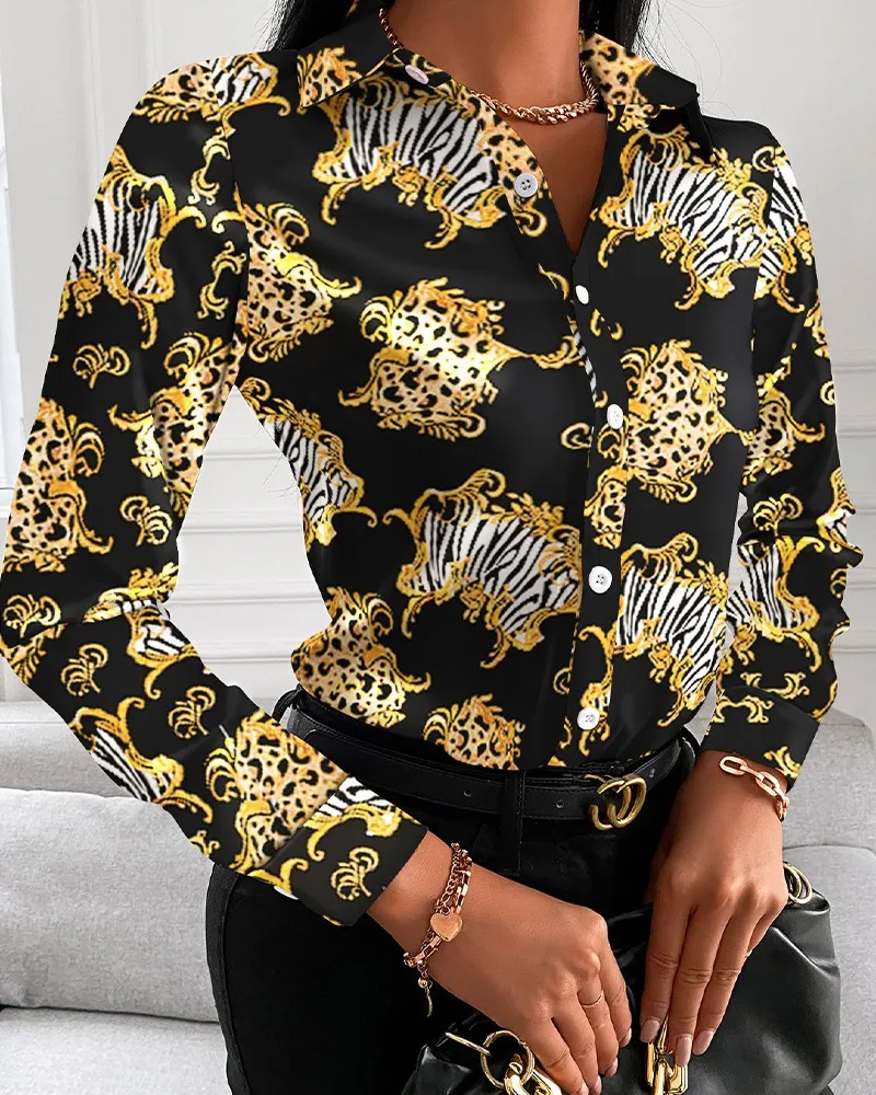 Color: green, Size: XXL - Women Fashion Wild Shirts Chain/Floral/Letter/Geometric Square Print Turn-Down Collar Long Sleeve Blouses