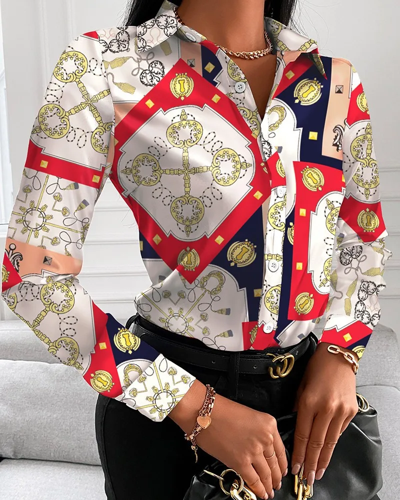 Color: green, Size: XXL - Women Fashion Wild Shirts Chain/Floral/Letter/Geometric Square Print Turn-Down Collar Long Sleeve Blouses