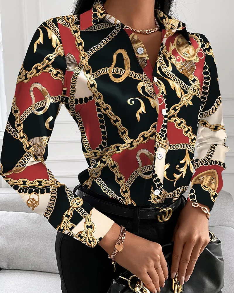 Color: green, Size: XXL - Women Fashion Wild Shirts Chain/Floral/Letter/Geometric Square Print Turn-Down Collar Long Sleeve Blouses