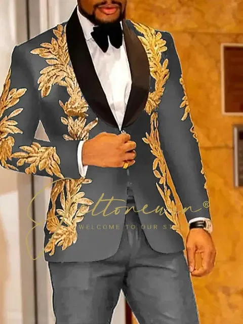 Color: Dark Grey, Size: XL - Luxury Groom Wedding Tuxedos Gold Sequins Appliques Black Men Suits Slim Fit Costume Homme Marriage Prom Suits