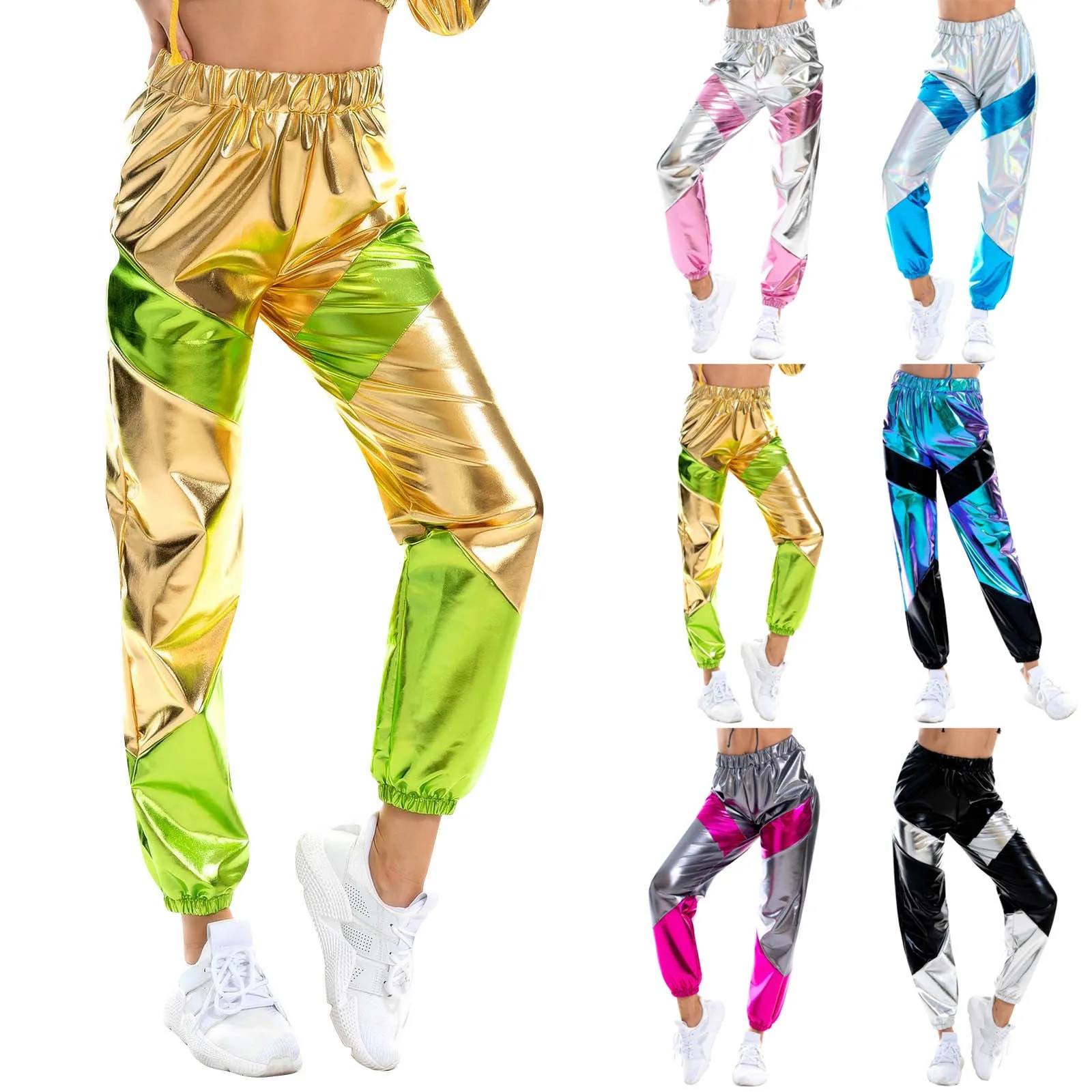 Color: Pink, Size: L - Women'S Shiny Trousers Elastic Sports Leisure Casual Long Sweatpants Jogging Bottoms Stretch Leggings Party Disco Clubwear