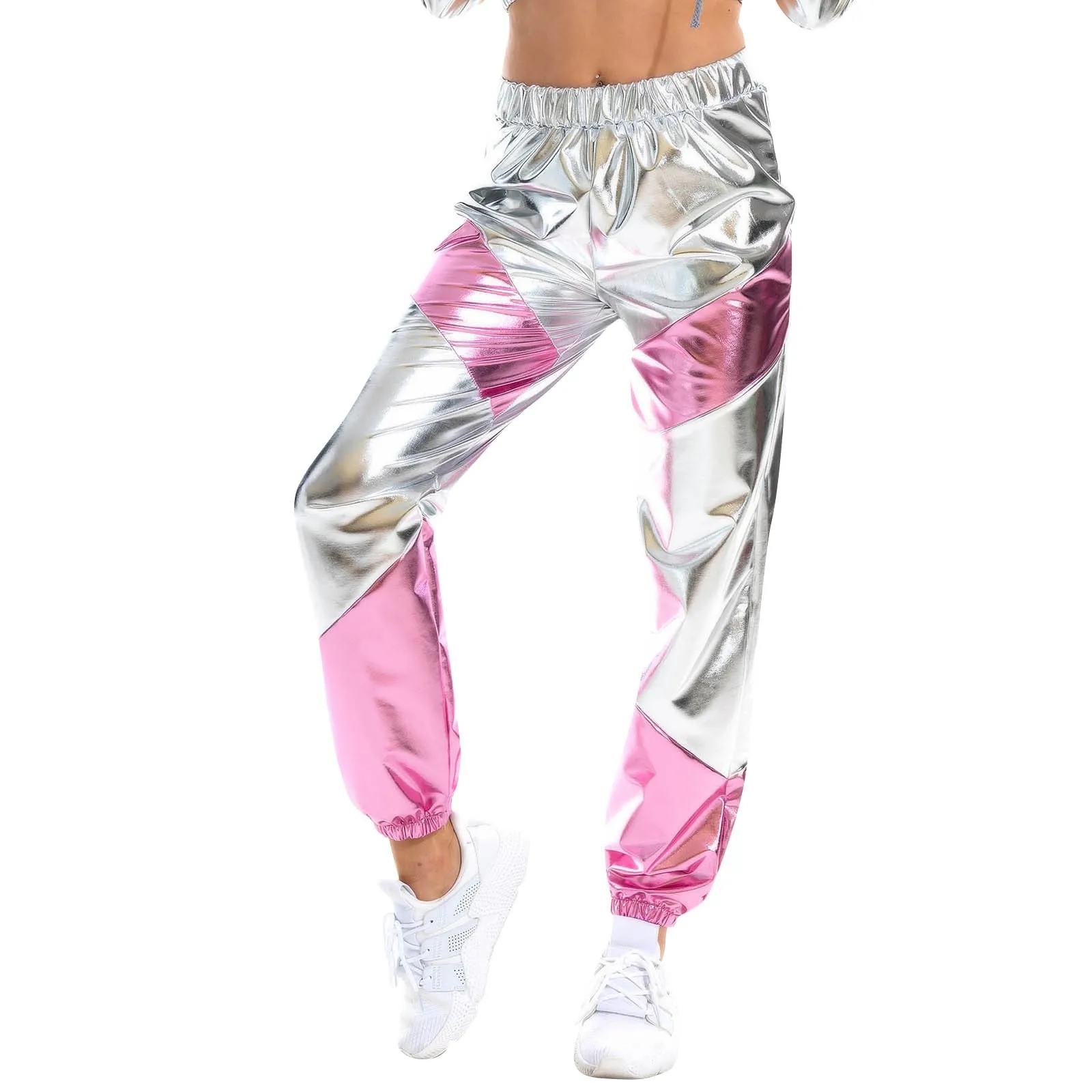 Color: Pink, Size: L - Women'S Shiny Trousers Elastic Sports Leisure Casual Long Sweatpants Jogging Bottoms Stretch Leggings Party Disco Clubwear