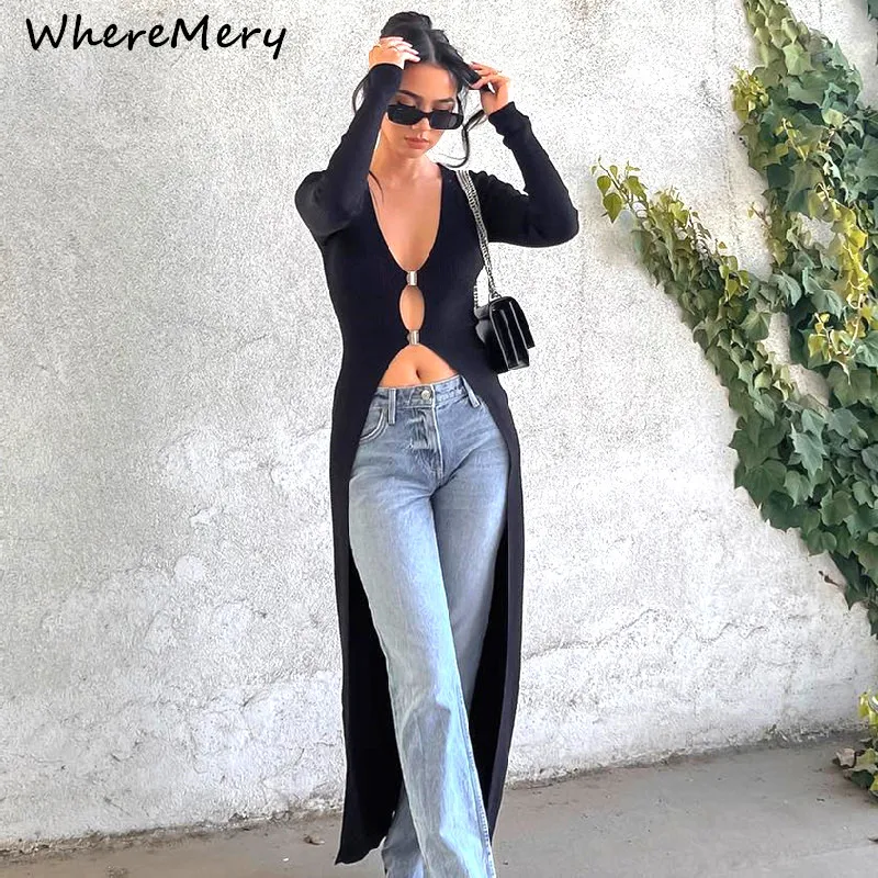 Color: black, Size: S - WhereMery Sexy Hollow Out Long Sleeve Maxi T Shirt Women V Neck Low Cut Metal Button Black Top Streetwear Cusual Lady Tops Tees