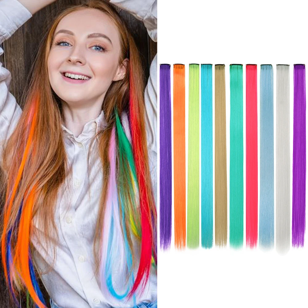 Color: #4, Stretched Length: 22inches, Ships From: CHINA - Synthetic 10 Pcs Straight Hair Extensions Clip in Hairpieces 22 Inch Hightlight Colorful Hair for Women Party Cosplay Gifts