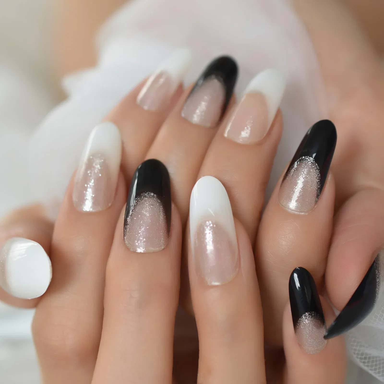 Color: Yellow - Oval Gel Fake Nails Designs Medium Almond Duckbill Shape Press On Nail Tips Long Black Milky Mixed-Color False Nail Art Set