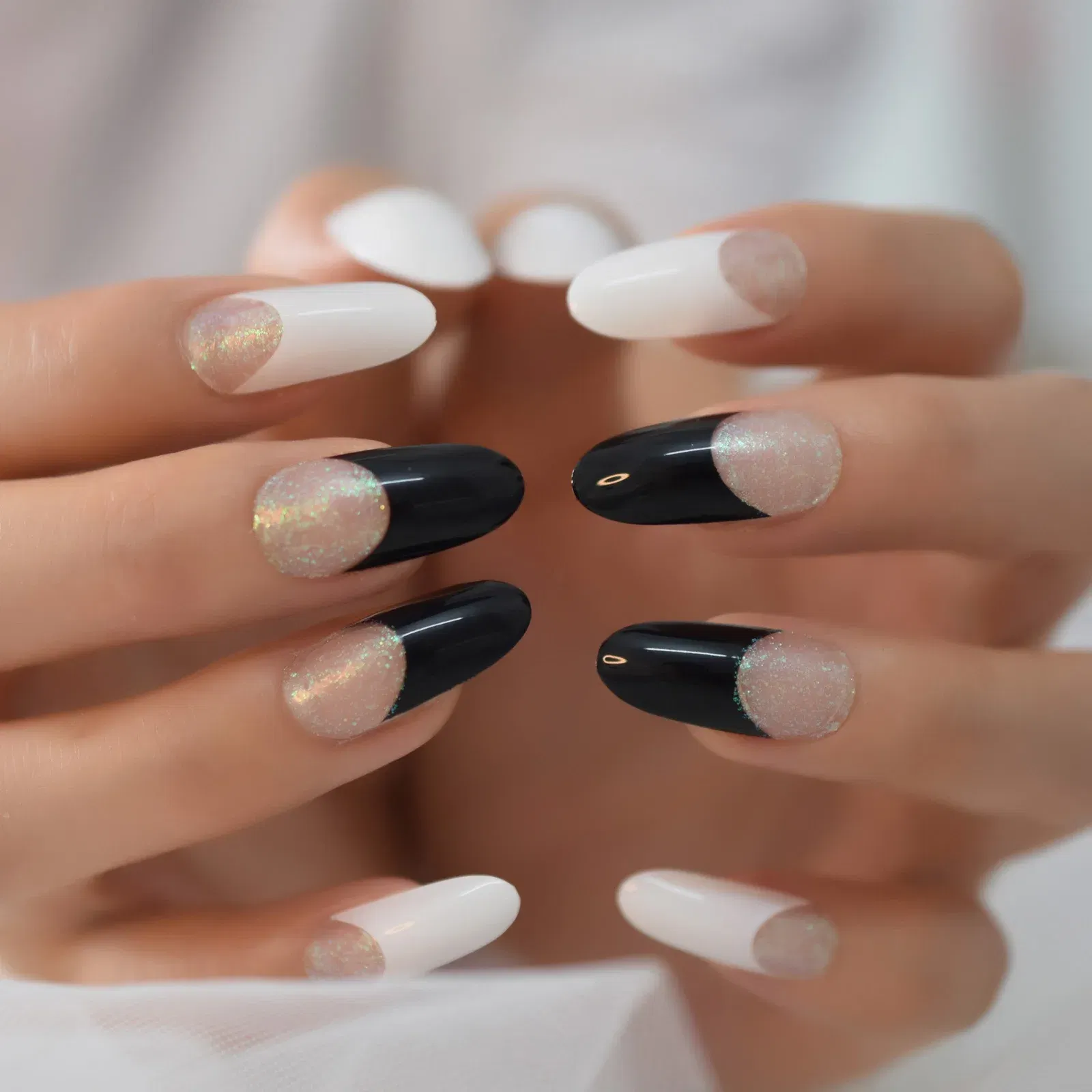 Color: Yellow - Oval Gel Fake Nails Designs Medium Almond Duckbill Shape Press On Nail Tips Long Black Milky Mixed-Color False Nail Art Set