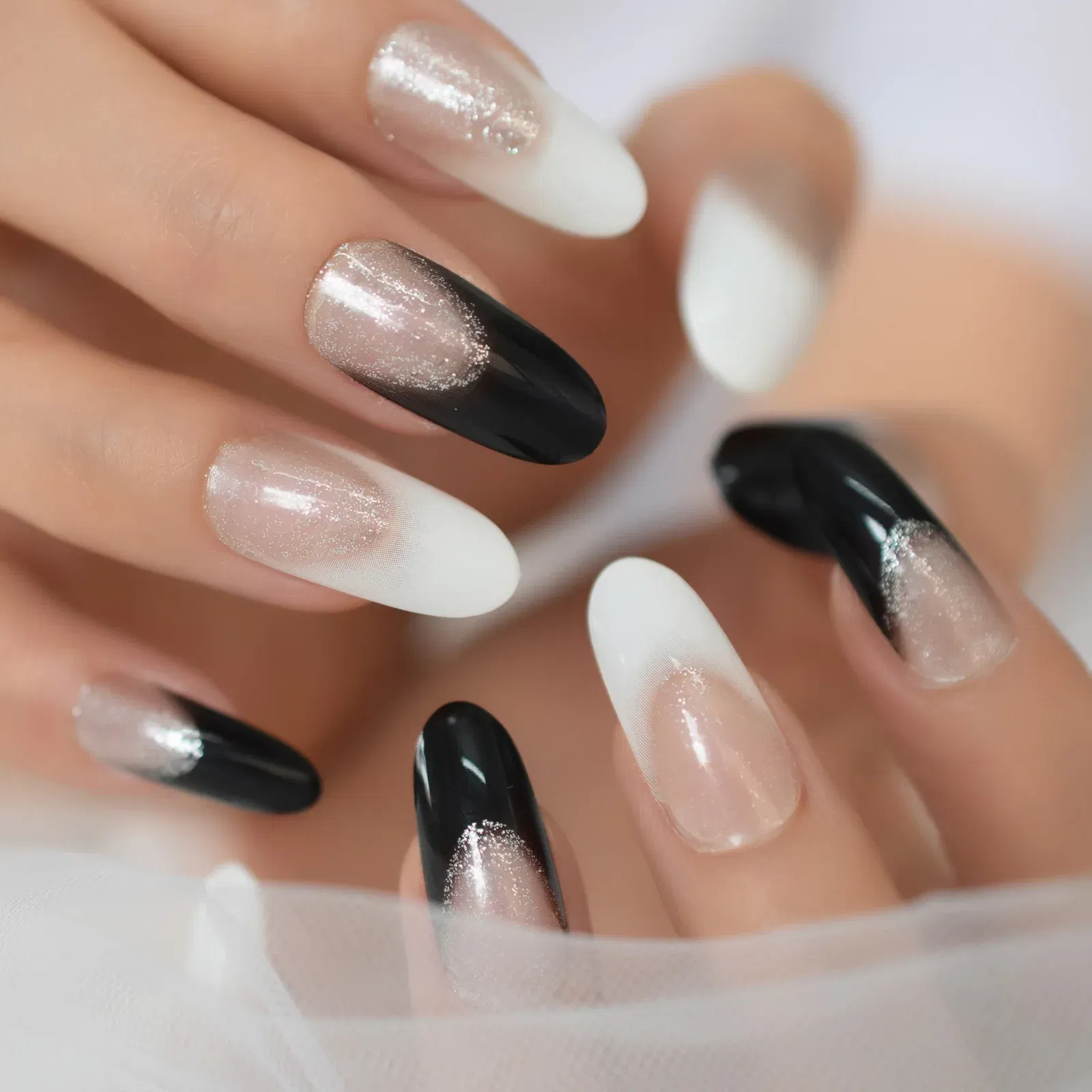 Color: Yellow - Oval Gel Fake Nails Designs Medium Almond Duckbill Shape Press On Nail Tips Long Black Milky Mixed-Color False Nail Art Set