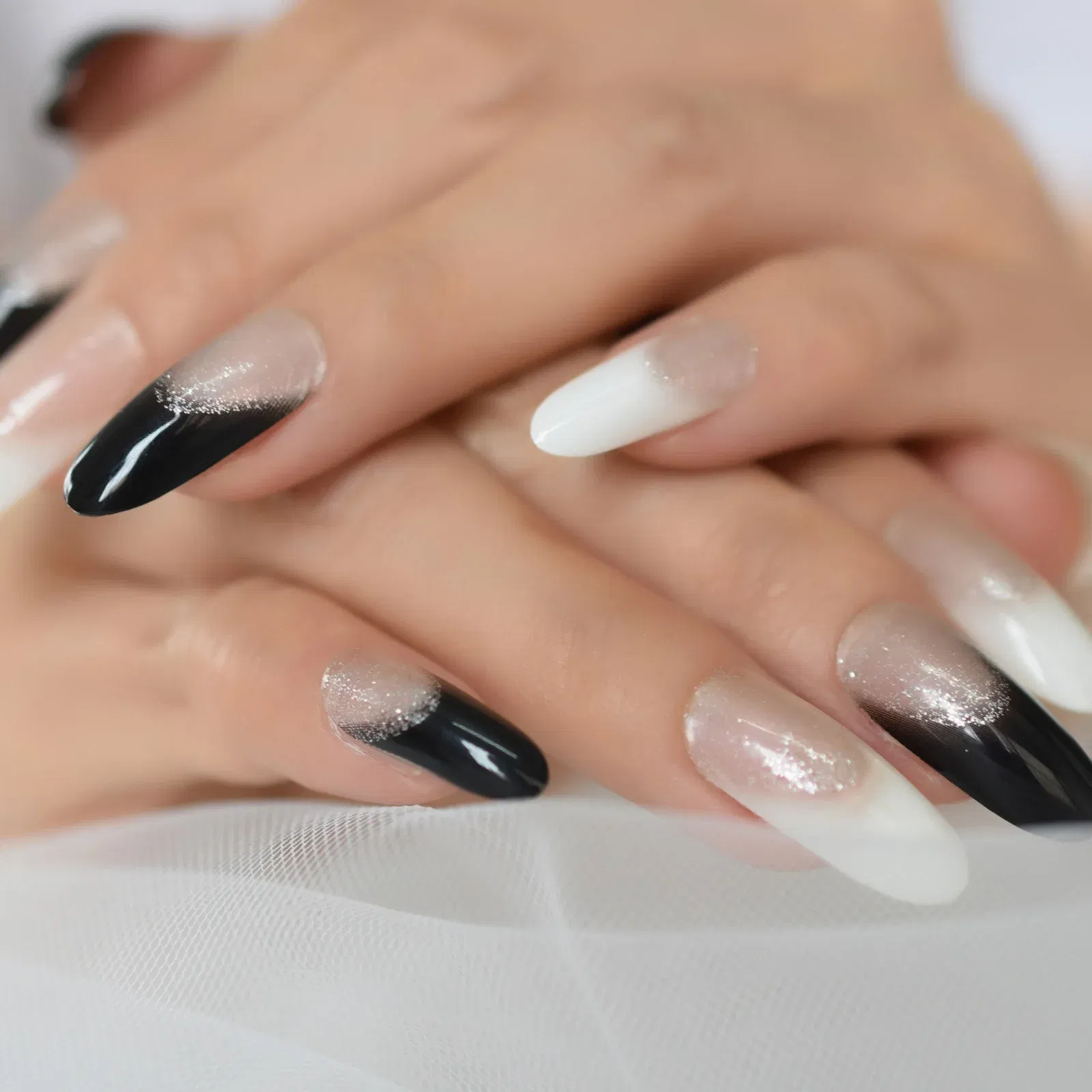 Color: Yellow - Oval Gel Fake Nails Designs Medium Almond Duckbill Shape Press On Nail Tips Long Black Milky Mixed-Color False Nail Art Set