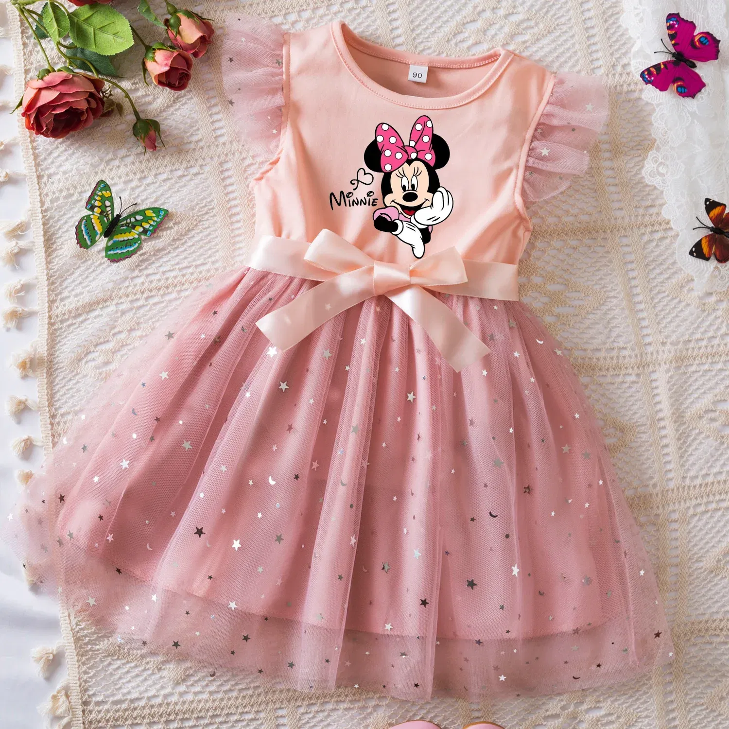 Color: Silver, Size: S - Mickey Minnie Mouse Girls Summer Clothes Flying Sleeves Bow Sequin Dress 2-6Y Kid Birthday Tutu Princess Dress for Baby Girl