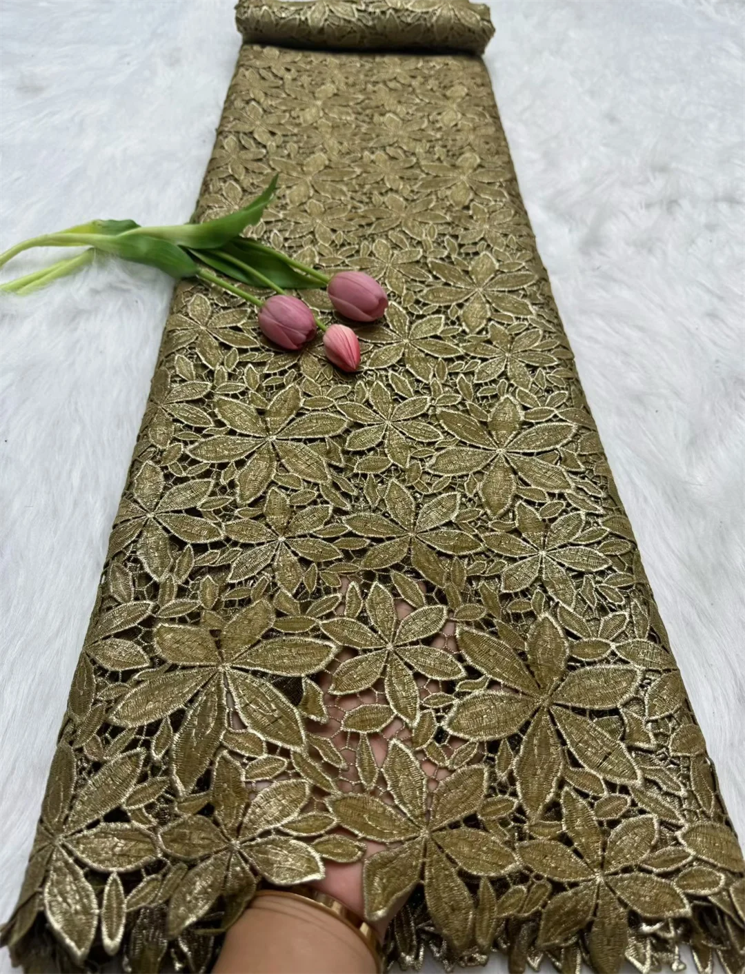 Color: pink, Width: 120cm, Length: 5 yards - Wholesale 2026 Latest High Quality African Guipure Cord Lace Fabric Nigerian Water Soluble Milk Silk Lace Fabric For Party