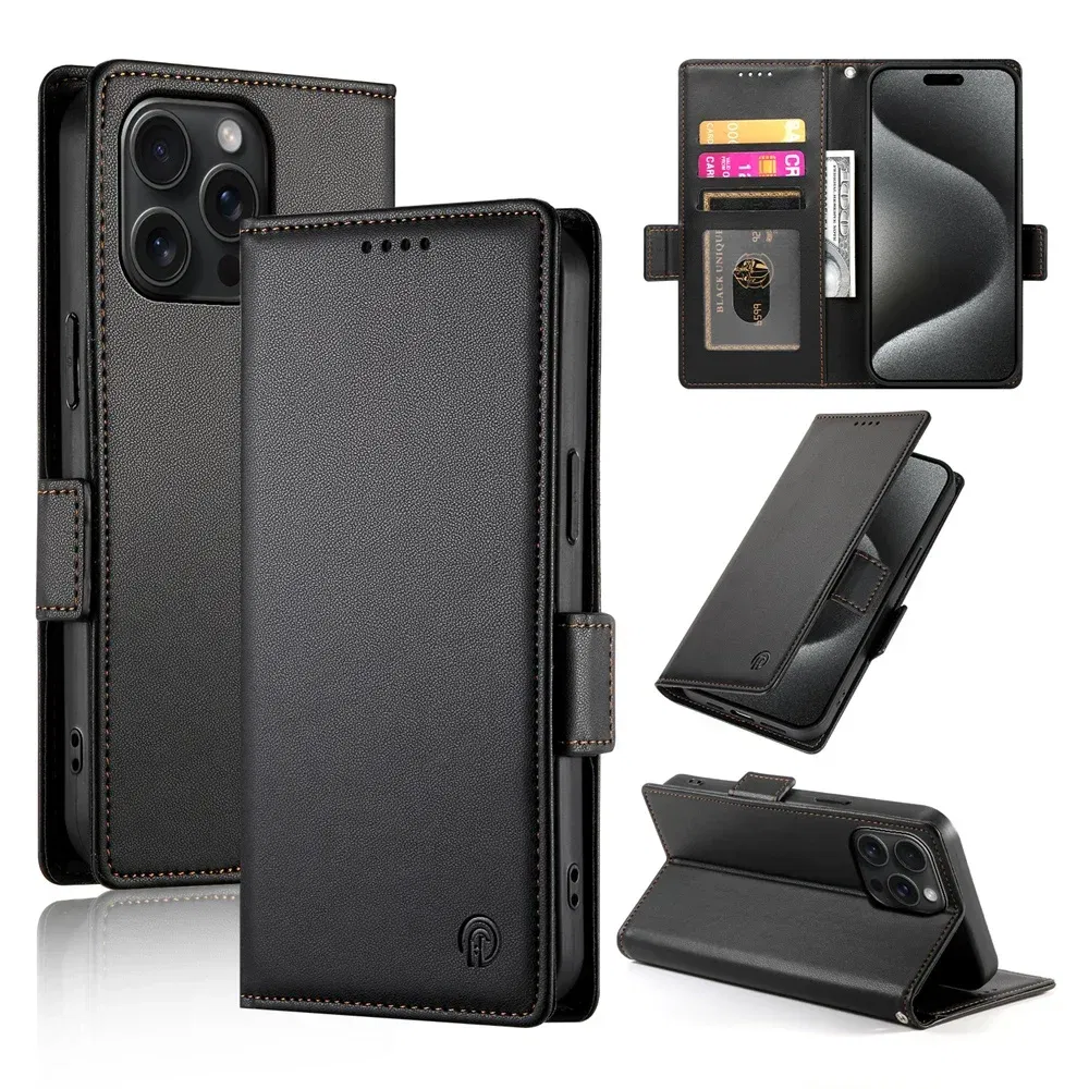Color: black, Material: Pc + tpu - PU Leather Flip Phone Case For iPhone 16 15 Pro Max 16E 14 13 1211 XS Max XR X 8 7 Plus SE KickStand Cards Solt Wallet Cover