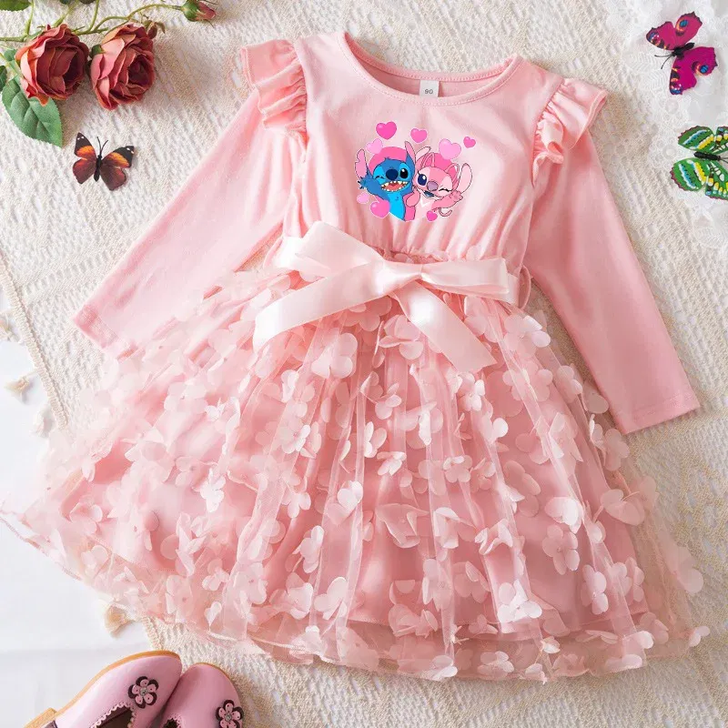 Color: SKY BLUE, Size: One Size, Height: 164 - Lilo Stitch Girl Baby Dresses Spring Autumn Child Long Sleeve Sweet Princess Dress Mesh Newborn Casual Dress Birthday Party 2-6Y