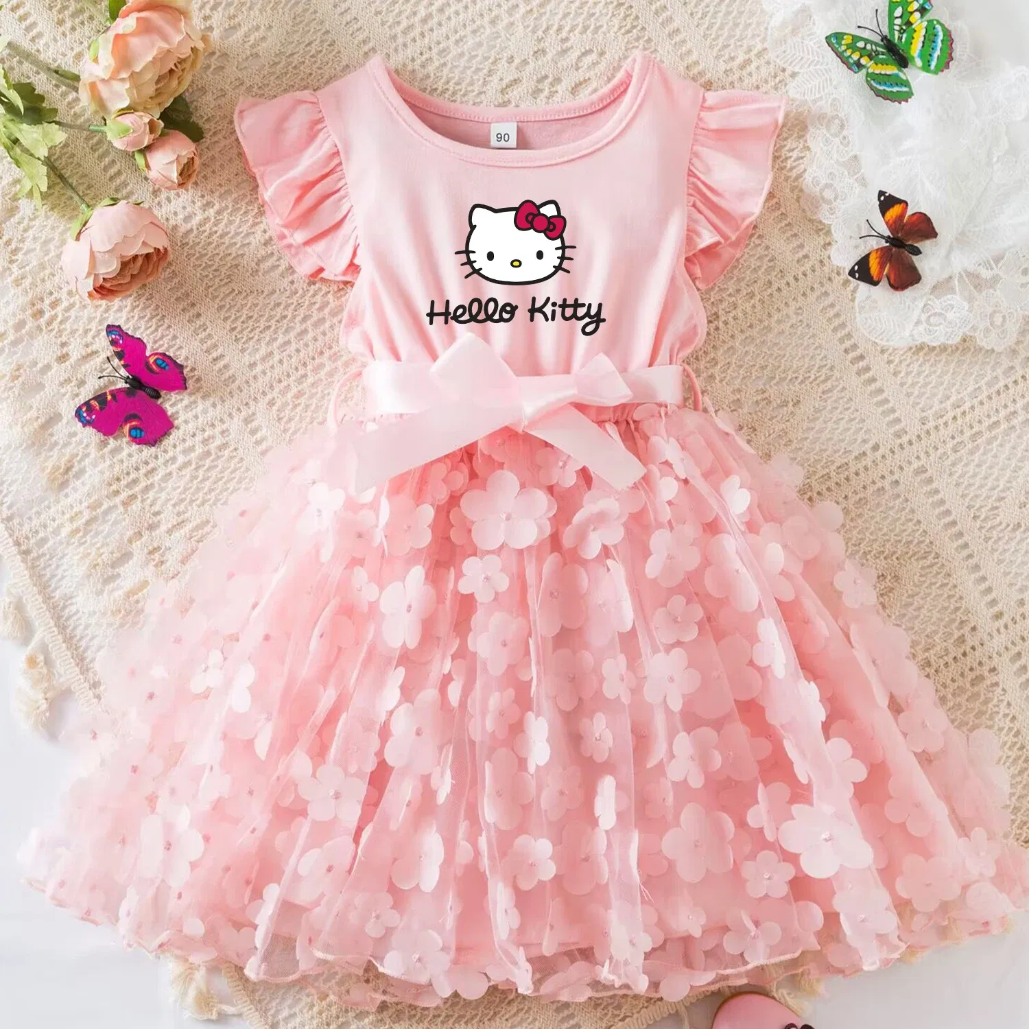 Color: Beige, Size: S - Hello Kitty Summer Dress for Kid's Casual Clothes 3D Butterfly Cute Baby Girls Princess Dress Party Dresses 2-6 Yrs