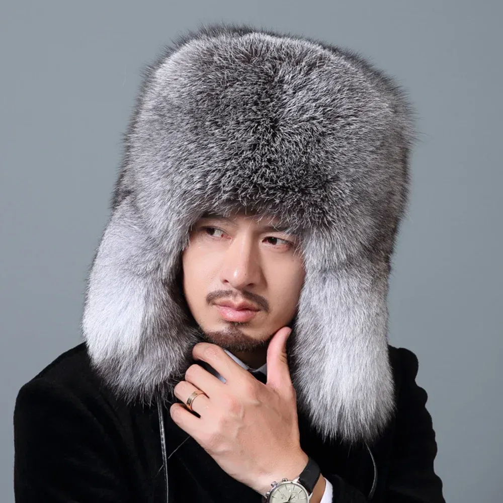Color: SKY BLUE, Hat Size: 56/57, Ships From: CHINA - Men Real Fur Beanies Hat Mongolian Hat Unique Process Fox Tail Design Luxury Winter Warm Hats For Fashion Men Bomber Hat