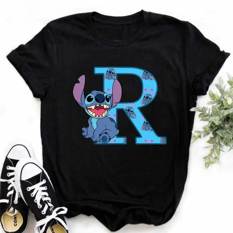 Color: Yellow, Size: XL - Disney Lilo&Stitch A-Z Alphabet Summer Women's Printed T-Shirt Women's Casual Tops T-Shirt Fashion Cartoon Plus Size T-Shirt