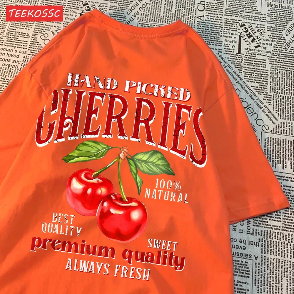 Color: SKY BLUE, Size: L - Summer Lemon Cherries Prints T-Shirts Cotton Women's Tops Oversize O-Neck Soft Short Sleeve tees Street Casual Womans Clothes