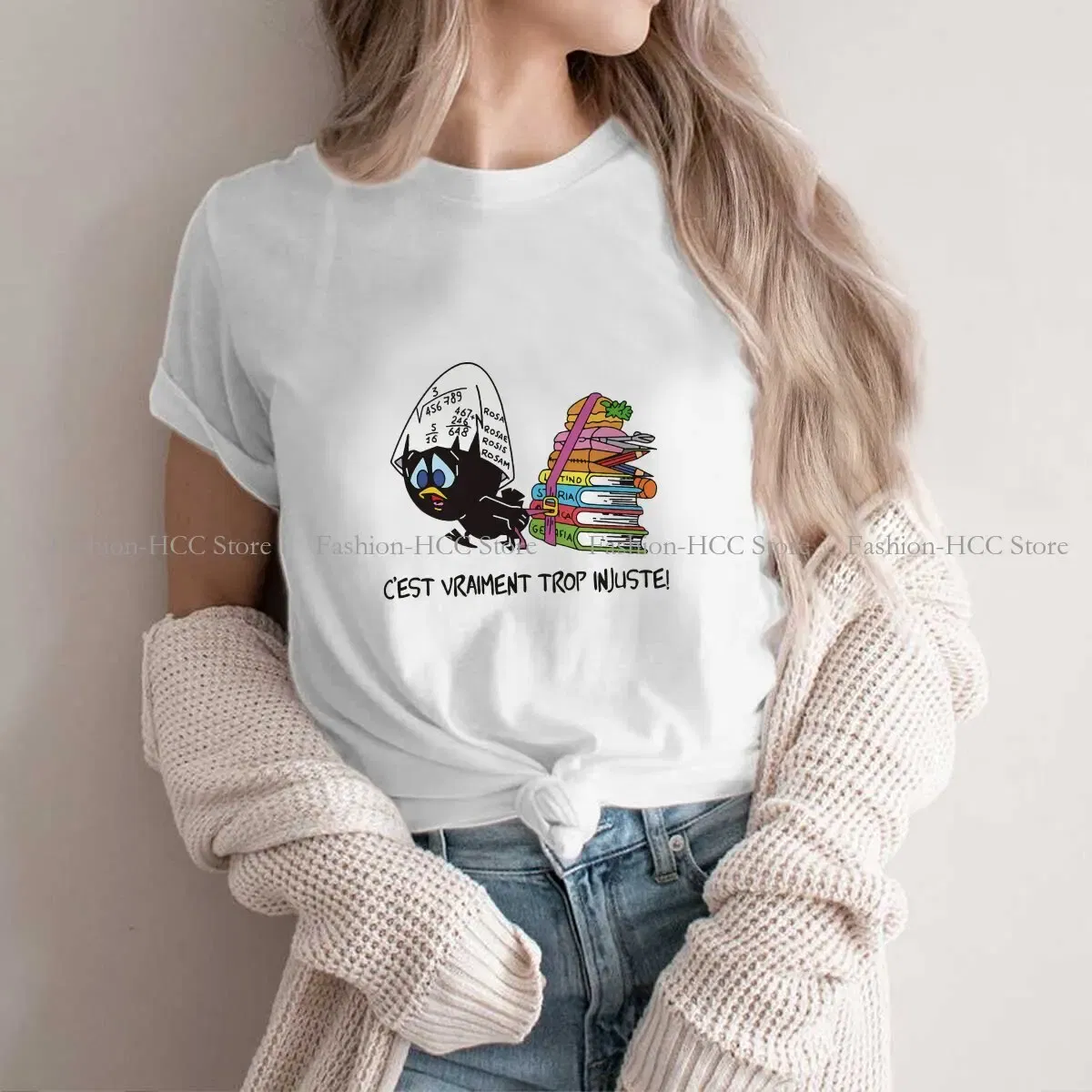 Color: WHITE, Size: L - Calimero Cartoon Polyester TShirt for Women C'est Vraiment Trop Basic Summer Tee T Shirt Novelty Trendy