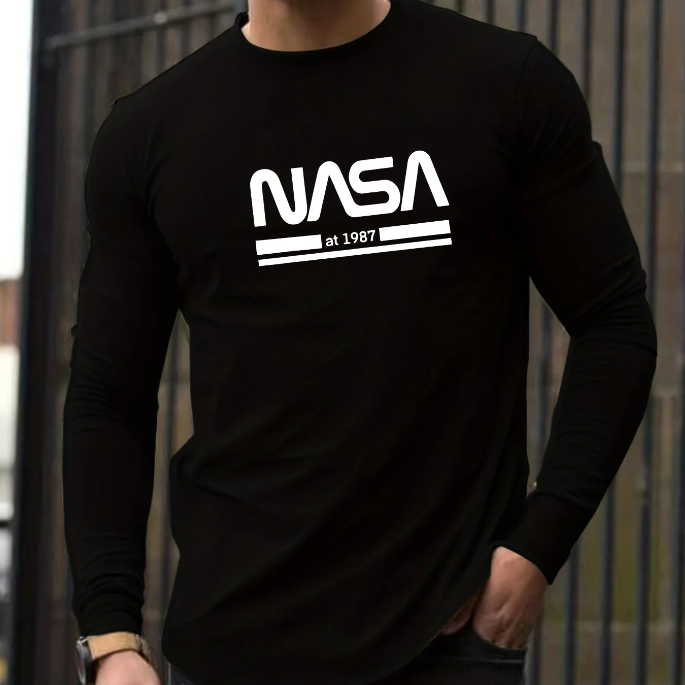 Color: Dark Grey, Size: L - Men's Spring and Autumn 100% Cotton Loose Comfortable Casual NASA Letter Printed Round Neck Long Sleeve T-shirt