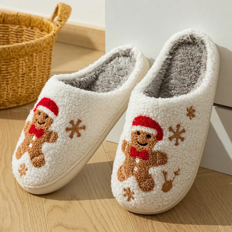 Color: WHITE, Shoe Size: 39-40 - Women Christmas Gingerbread Man Cute Winter Warm Slippers Exquisite Comfy Houseshoes Bedroom Soft Sole Home Shoes for Gift