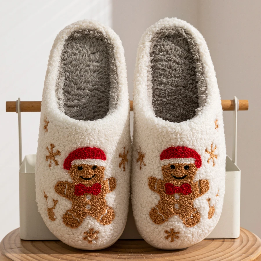 Color: WHITE, Shoe Size: 39-40 - Women Christmas Gingerbread Man Cute Winter Warm Slippers Exquisite Comfy Houseshoes Bedroom Soft Sole Home Shoes for Gift