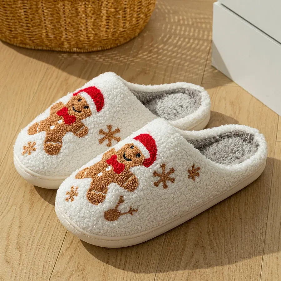 Color: WHITE, Shoe Size: 39-40 - Women Christmas Gingerbread Man Cute Winter Warm Slippers Exquisite Comfy Houseshoes Bedroom Soft Sole Home Shoes for Gift