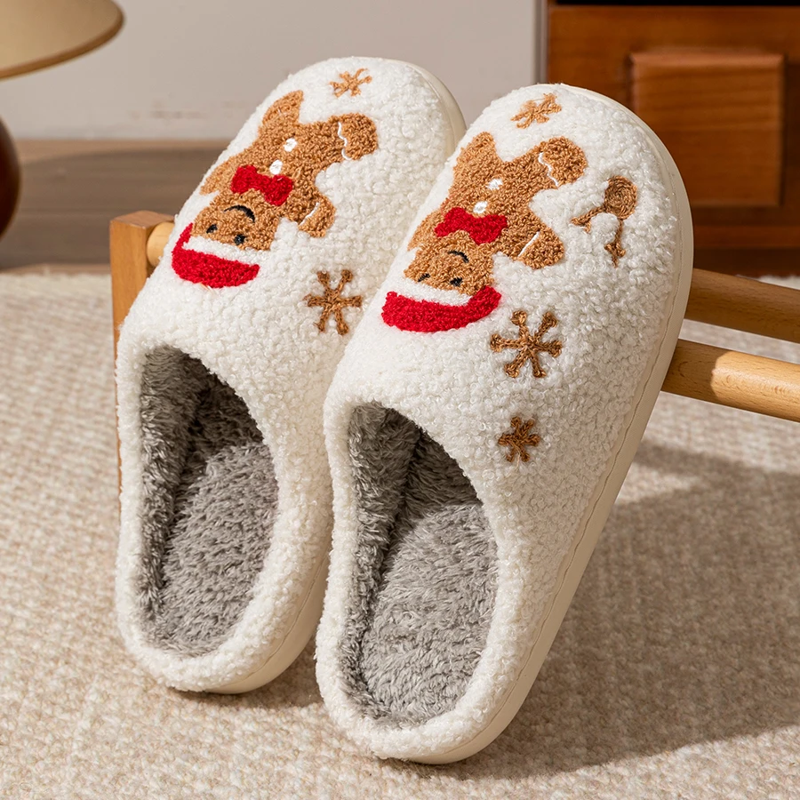 Color: WHITE, Shoe Size: 39-40 - Women Christmas Gingerbread Man Cute Winter Warm Slippers Exquisite Comfy Houseshoes Bedroom Soft Sole Home Shoes for Gift