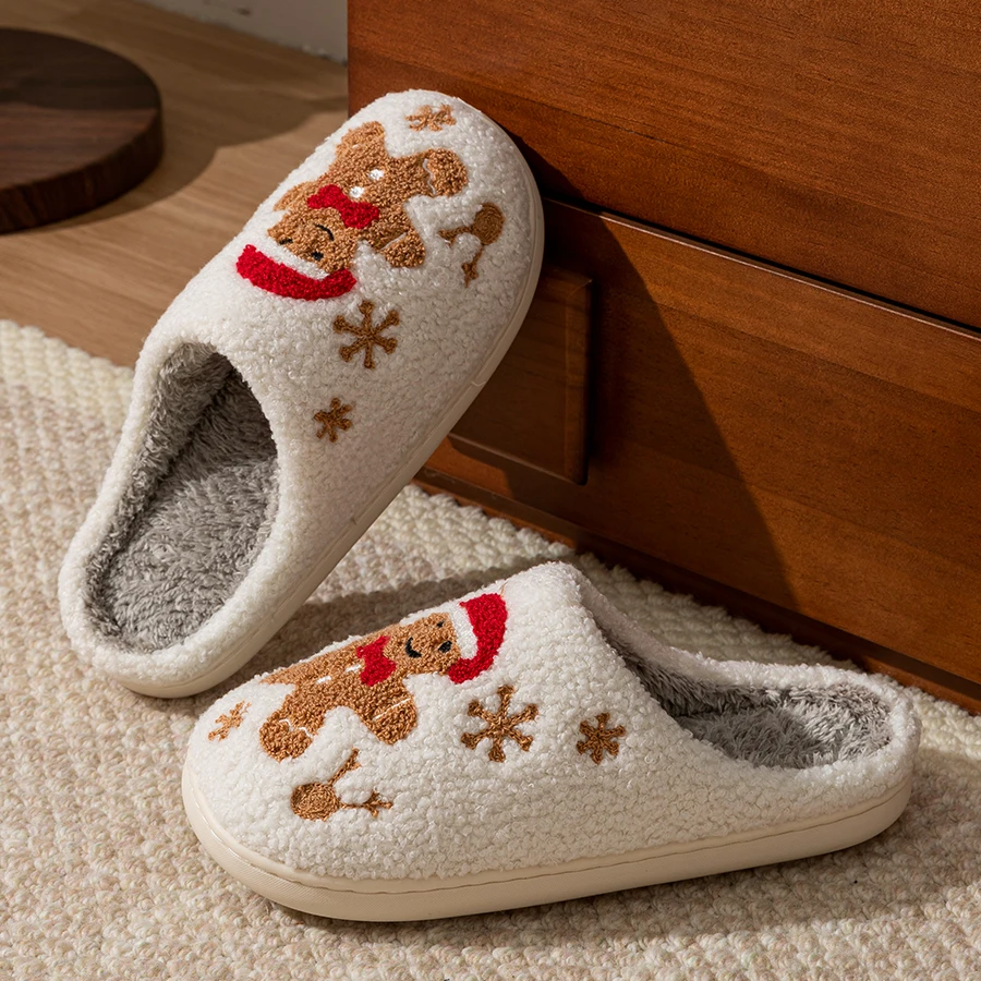 Color: WHITE, Shoe Size: 39-40 - Women Christmas Gingerbread Man Cute Winter Warm Slippers Exquisite Comfy Houseshoes Bedroom Soft Sole Home Shoes for Gift