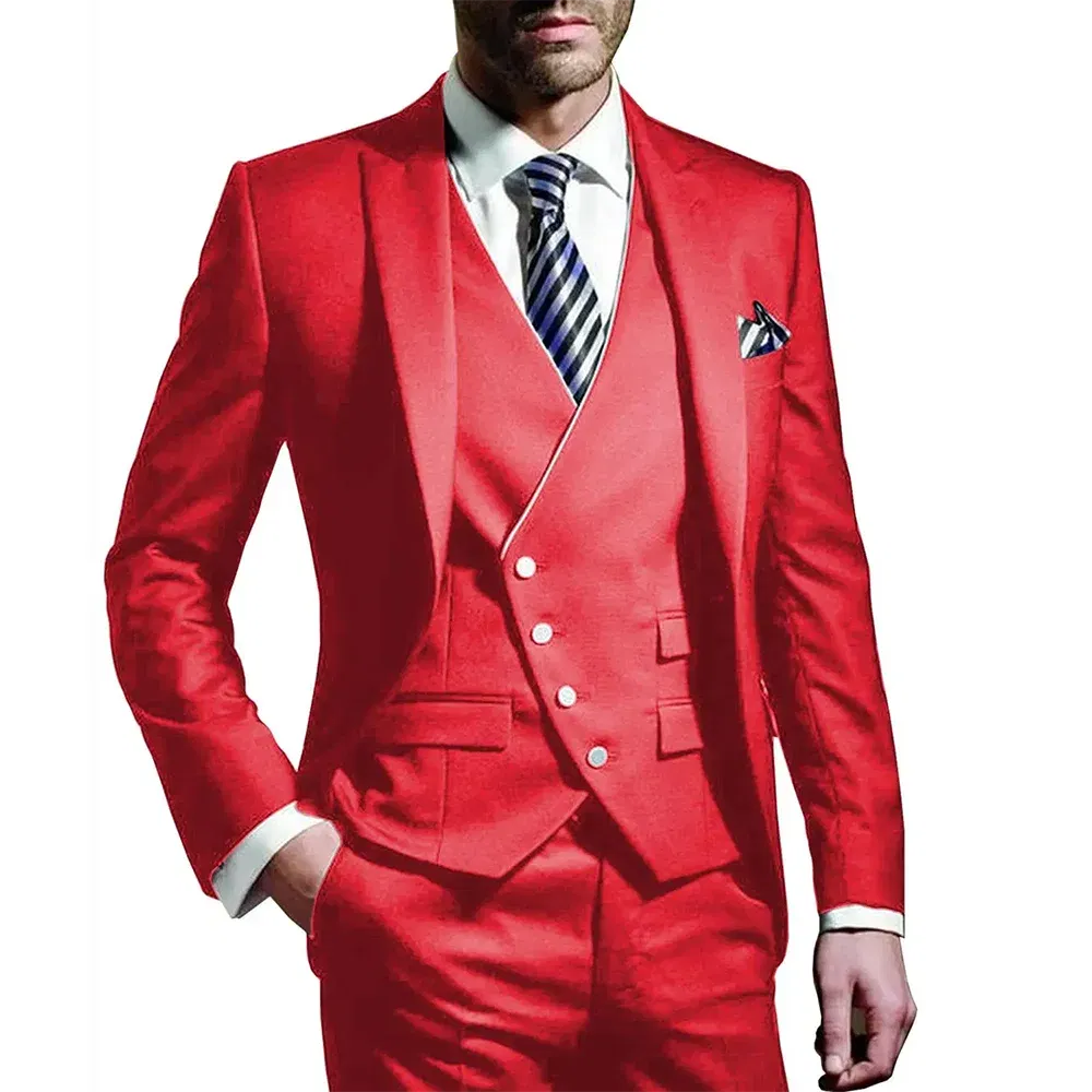 Color: Red, Size: XXL, Ships From: CHINA - White Men Wedding Suits Groom Wear Peak Lapel Wedding Groom Tuxedos Business Party Suit 3 Pieces (Jacket+Vest+Pant?‰Costume Homme