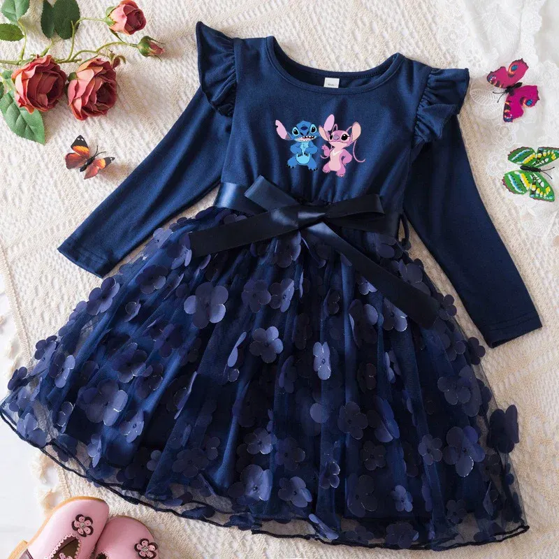 Color: Light Purple, Size: One Size, Height: 164 - Lilo Stitch Girl Baby Dresses Spring Autumn Child Long Sleeve Sweet Princess Dress Mesh Newborn Casual Dress Birthday Party 2-6Y