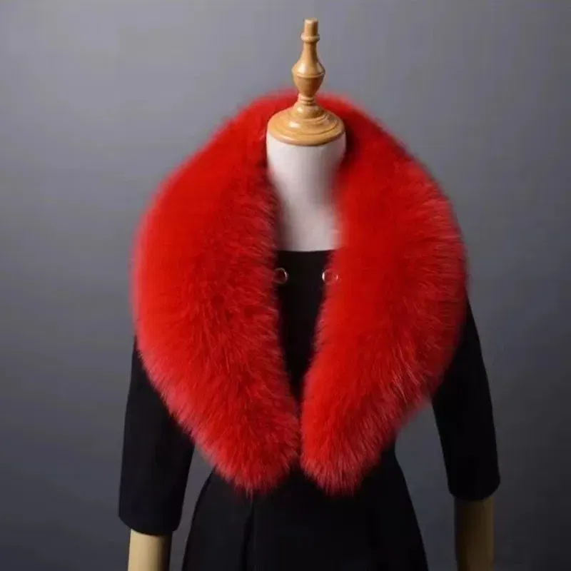 Color: CORAL RED, Size: M - Winter Real Fox Fur Collar Woman Furry Natural Raccoon Fur Scarf Shawls Luxury Neck Warmer Wraps For Coat Fur Scarves Large Size