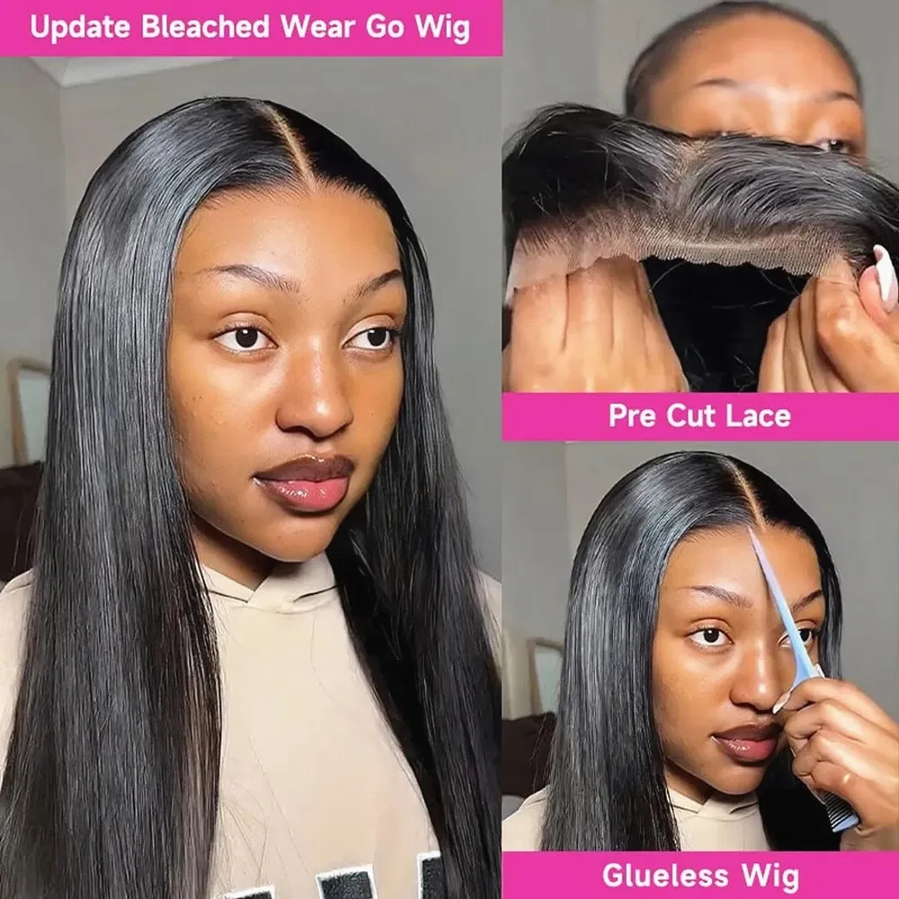 Hair Color: #1B, Density: 180%,  Stretched Length: 34inches - Glueless Wear and Go Bone Straight Lace Front Wigs 4x4 5x5 Pre-Cut Lace Wig Human Hair Ready To Wear Lace Closure Wig For Women