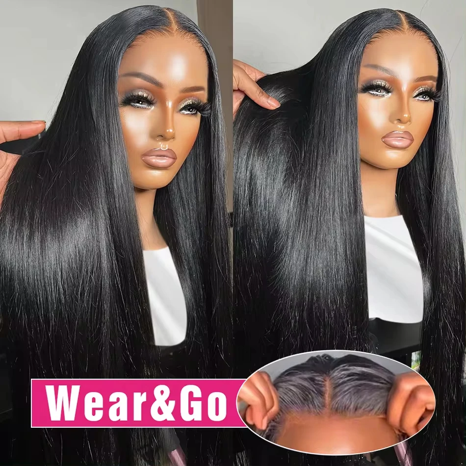 Hair Color: #1B, Density: 180%,  Stretched Length: 34inches - Glueless Wear and Go Bone Straight Lace Front Wigs 4x4 5x5 Pre-Cut Lace Wig Human Hair Ready To Wear Lace Closure Wig For Women