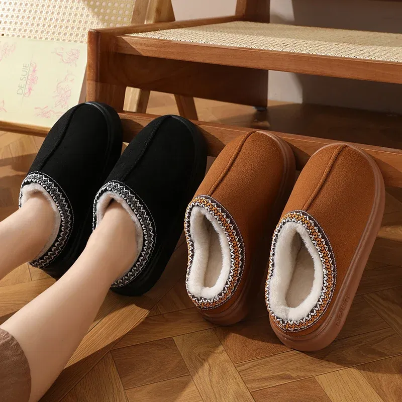 Color: black, Shoe Size: 44-45 - Comfort Thick Bottom Cotton Slippers Women 2025 Winter Warm Thick Plush Non Slip Furry Clogs Shoes Embroidery Suede Snow Boots