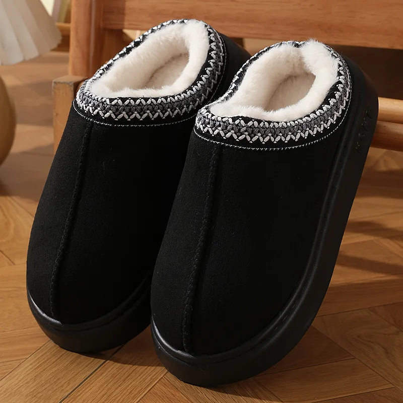 Color: black, Shoe Size: 44-45 - Comfort Thick Bottom Cotton Slippers Women 2025 Winter Warm Thick Plush Non Slip Furry Clogs Shoes Embroidery Suede Snow Boots
