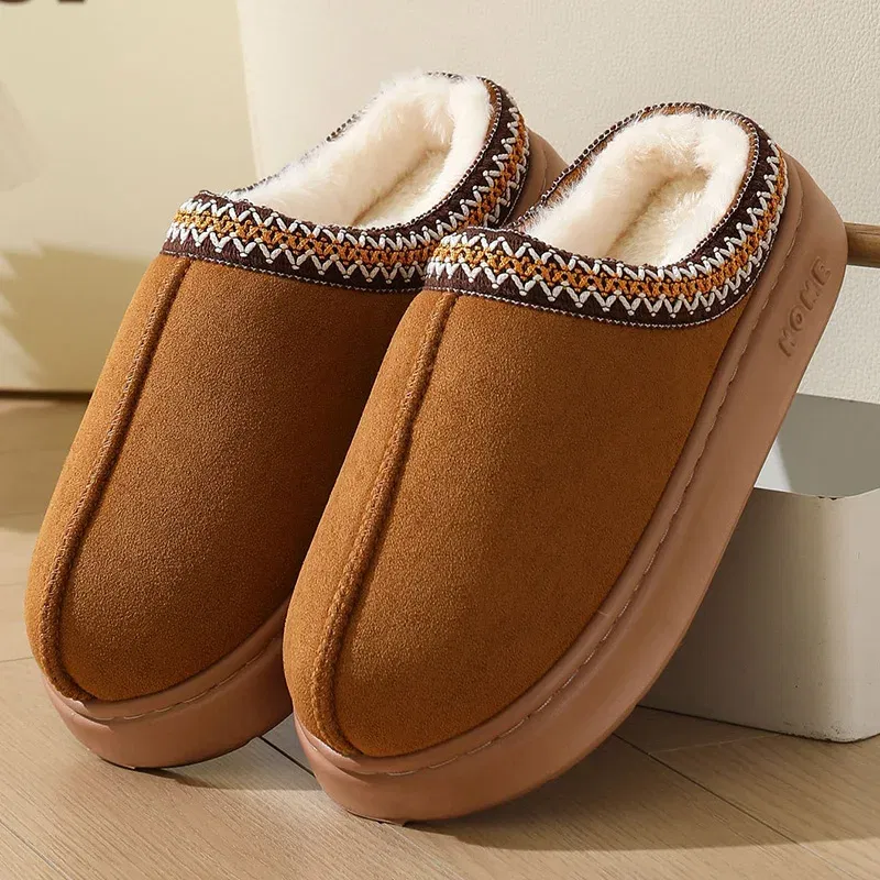 Color: black, Shoe Size: 44-45 - Comfort Thick Bottom Cotton Slippers Women 2025 Winter Warm Thick Plush Non Slip Furry Clogs Shoes Embroidery Suede Snow Boots