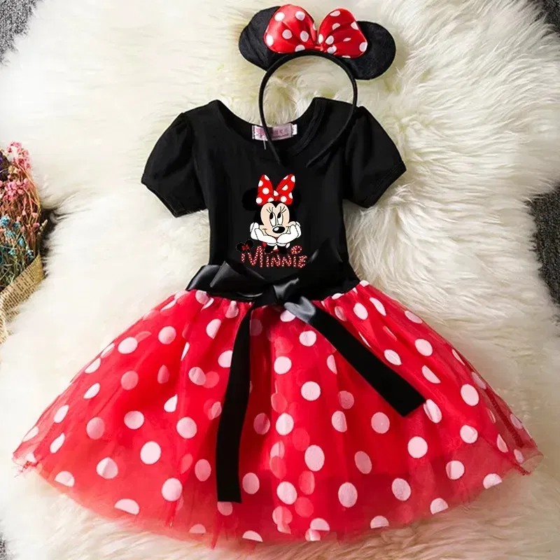 Color: Beige, Kid Size: 12M - Mickey Minnie Mouse Baby Girls Cosplay Costume Kids Fancy Polka Dot Dress Princess Dress Children Birthday Party Clothing Gift