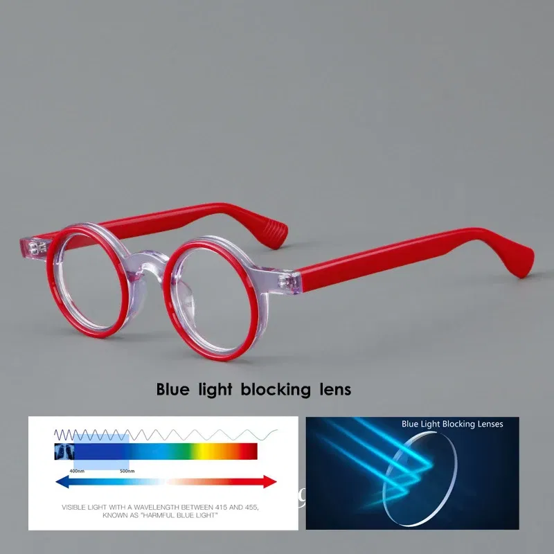 Frame Color: Red, Eye Prescription: +200 - VCKA Round Acetate Photochromic Reading Glasses Frame Men Prescription Anti-blue Eyeglasses Women Custom Eyewear +0.50 to+6.0