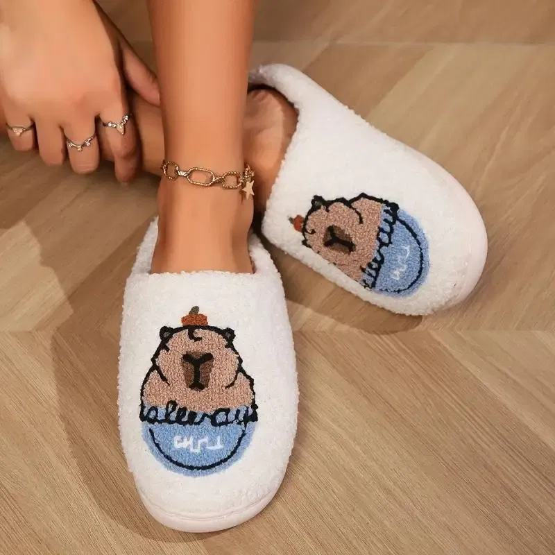 Color: Beige, Shoe Size: 4 - Casual Fluffy Slippers Women House Flat Cute Cartoon Designer Platform Winter Shoes Girls Home Fashion Popular Footwear Big Size