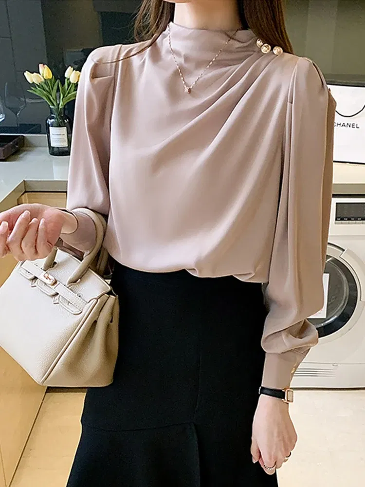 Color: Pink, Size: L, Ships From: CHINA - Spring Autumn Elegant Office Women Shirt Mujer Chic Satin Formal Lantern Sleeve Blouse Tops Loose Pullover Jumper Street Clothes