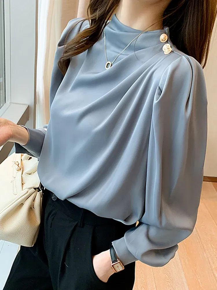 Color: Pink, Size: L, Ships From: CHINA - Spring Autumn Elegant Office Women Shirt Mujer Chic Satin Formal Lantern Sleeve Blouse Tops Loose Pullover Jumper Street Clothes