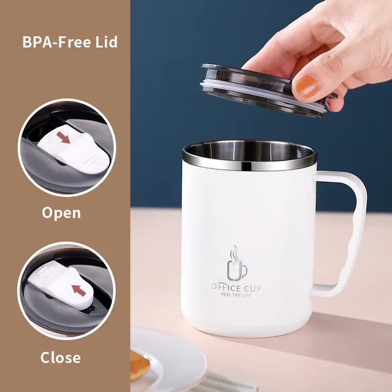 Color: black, Capacity: 401-500ml - 500ml/17oz 304 Stainless Steel Water Bottle Double Layers Coffee Mug Milk Cup With Plastic Lid And Handle