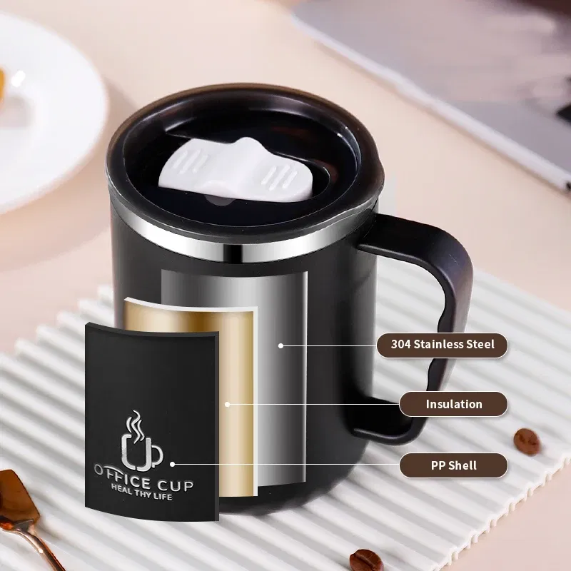 Color: black, Capacity: 401-500ml - 500ml/17oz 304 Stainless Steel Water Bottle Double Layers Coffee Mug Milk Cup With Plastic Lid And Handle